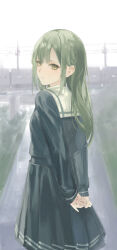 1girl absurdres airool arms_behind_back bang_dream! bang_dream!_it&#039;s_mygo!!!!! blue_serafuku chinese_commentary closed_mouth commentary_request cowboy_shot dated from_behind grass green_hair grey_sailor_collar grey_sky highres light_frown long_hair long_sleeves looking_back outdoors own_hands_together power_lines road sailor_collar school_uniform serafuku sidelocks sky solo standing tsukinomori_school_uniform utility_pole wakaba_mutsumi weibo_username winter_uniform yellow_eyes