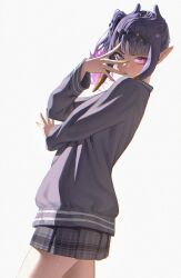 1girl absurdres bad_tag black_skirt blue_eyes blunt_bangs colored_inner_hair commentary gradient_hair hand_over_eye heterochromia highres hololive hololive_english long_sleeves looking_at_viewer miniskirt multicolored_hair ninomae_ina&#039;nis ninomae_ina&#039;nis_(school_uniform) official_alternate_costume official_alternate_hairstyle orange_hair parted_lips pink_hair plaid_clothes plaid_skirt pleated_skirt pointy_ears purple_eyes purple_hair purple_sweater samukzz school_uniform short_hair side_ponytail sidelocks simple_background skirt solo sweater tentacle_hair virtual_youtuber white_background