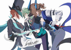 1boy 2girls absurdres ahoge aqua_sash baizhu_(genshin_impact) between_legs black_gloves black_hat black_jacket black_shirt blue_vest breasts brown_hair character_request chinese_clothes coattails commentary_request covered_eyes crop_top eyewear_strap femdom genshin_impact glasses gloves grabbing_another&#039;s_arm green_hair grey_pants hair_between_eyes hat hetero highres holding holding_weapon jacket long_hair long_sleeves looking_at_another mask midriff multiple_girls navel pants parted_lips ponytail purple_pants semi-rimless_eyewear shirt short_hair short_ponytail short_sleeves sidelocks simple_background small_breasts smile standing standing_on_one_leg top_hat torn_clothes torn_shirt twitter_username under-rim_eyewear usushio_oishii vest vision_(genshin_impact) weapon white_background white_gloves white_pants white_shirt yellow-framed_eyewear yellow_eyes