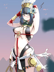 1girl armpits arms_behind_head arms_up bare_shoulders black_hair black_skirt blood blood_on_hands blue_hair blue_sky bracer colored_inner_hair detached_collar facepaint fate/grand_order fate_(series) feathers gradient_sky grey_eyes halterneck headdress high_collar highres looking_at_viewer multicolored_hair navel one_eye_closed pelvic_curtain pink_sky sash short_hair sidelocks skirt sky solo tassel tenochtitlan_(fate) tenochtitlan_(first_ascension)_(fate) thighs user_fkzw8222