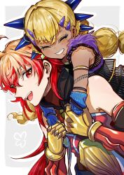 Rule 34 | 1boy, 1girl, absurdres, aged down, ahoge, blonde hair, carrying, chin piercing, closed eyes, dark-skinned female, dark skin, face piercing, fate/grand order, fate (series), grin, highres, iris (tb33064667), long hair, multi-tied hair, piercing, piggyback, rama (fate), red eyes, red hair, smile, vritra (fate)