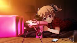 1girl aiming anti-materiel_rifle barrett_m82 bipod black_bow black_necktie black_skirt bow brown_hair cellphone closed_mouth computer concentrating cute_weapon foreshortening fumio_(ura_fmo) game_cg grisaia_(series) grisaia_no_rakuen gun hair_bow holding holding_gun holding_weapon indoors irisu_makina laptop large_variant_set lying necktie non-web_source official_art on_stomach phone plaid_clothes plaid_shirt pleated_skirt red_eyes red_shirt rifle scope shirt short_hair short_sleeves short_twintails skirt smartphone sniper_rifle solo twintails usb_cable variant_set weapon wooden_floor