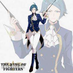 Rule 34 | 1girl, absurdres, ahoge, ascot, black872233196, blue eyes, blue hair, breasts, character name, commentary, copyright name, elisabeth blanctorche, highres, holding, holding whip, short hair, solo, the king of fighters, whip, white ascot