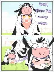 &gt;_&lt; 1boy 1girl ? alternate_costume animal animal_costume black_hair breasts cleavage commentary cow cow_costume d_juicebox21 day eating english_commentary english_text fence grass grey_hair highres hololive hololive_english multicolored_hair outdoors shiori_novella split-color_hair two-tone_hair virtual_youtuber wooden_fence yellow_eyes