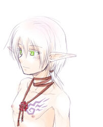 1boy arch_bishop_(ragnarok_online) chest_tattoo closed_mouth commentary_request criss-cross_halter cross_of_prontera green_eyes hair_between_eyes halterneck male_focus nipples nude pointy_ears ragnarok_online short_hair simple_background smile solo tattoo upper_body white_background white_hair yukimushi