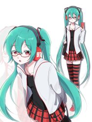 aqua_hair bag black_bag black_shirt black_stripes frown glasses hair_ornament hashtag-only_commentary hatsune_miku hatsune_miku_(natural) headphones highres hood hoodie hoshiwo_tadoru multiple_views phone plaid_clothes plaid_skirt project_diva_(series) red-framed_eyewear red_eyes red_shoes red_skirt red_stripes shirt shoes shoulder_bag skirt striped_clothes striped_thighhighs thighhighs twintails vocaloid white_background white_hoodie zoom_layer