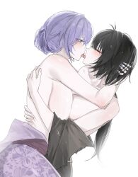 2girls alternate_costume alternate_hairstyle black_hair black_kimono blue_eyes blush breast_press breasts cantarella_(wuthering_waves) closed_eyes clothes_down collarbone commentary female_rover_(wuthering_waves) fingernails french_kiss highres hug japanese_clothes kimono kiss large_breasts long_hair looking_at_another multiple_girls nail_polish purple_hair purple_kimono purple_nails rover_(wuthering_waves) seol_(baconontheclock) short_hair simple_background symmetrical_docking tacet_mark_(wuthering_waves) white_background wuthering_waves yuri