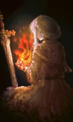 1girl absurdres bandaged_arm bandages black_background braid braided_hair_rings commentary elden_ring embers english_commentary fire hair_rings highres holding_flame jubishii medium_hair planted planted_sword planted_weapon sitting solo sword tarnished_(elden_ring) weapon