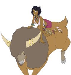 absurdres black_hair bouffalant dark_skin earrings gem gen_5_pokemon highres jewelry looking_at_viewer neck_ring necklace nintendo olivia_(pokemon) pink_footwear pink_shirt pokemon pokemon_(creature) pokemon_sm purple_eyes purple_shorts riding shirt short_hair shorts smile tank_top thigh_strap