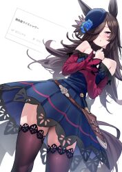 1girl animal_ears bare_shoulders black_thighhighs blue_dress blue_flower blue_hat blue_rose blush commentary_request dress flower hair_over_one_eye hat hat_flower herohero_(higashi_no_dou) highres horse_ears horse_girl horse_tail long_hair looking_at_viewer off-shoulder_dress off_shoulder open_mouth purple_eyes rice_shower_(umamusume) rose simple_background skindentation solo tail thighhighs thighs tilted_headwear umamusume white_background