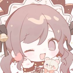 1girl artist_name baonu_de_zhanshen_caibutou bell black_bow bow bow_earrings bowtie brown_bow brown_bowtie brown_choker brown_dress brown_eyes brown_hair brown_hat brown_theme brown_wrist_cuffs chibi choker dress earrings eyelashes frilled_wrist_cuffs frills fur_choker fur_cuffs hair_bell hair_bow hair_ornament hand_up happy hat highres holding holding_stuffed_toy infinity_nikki jewelry light_blush light_particles long_hair low_twintails nikki_(series) one_eye_closed open_mouth plaid_clothes plaid_dress simple_background smile solo sparkle star_(symbol) star_choker strapless strapless_dress striped_bow striped_bowtie striped_clothes stuffed_animal stuffed_toy swept_bangs teddy_bear twintails upper_body very_long_hair white_background wrist_cuffs