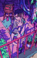 1girl absurdres alternate_hairstyle balcony black_shorts boombox braid collarbone commentary earrings english_commentary grey_sandals grey_shirt hanabushi hand_on_own_foot highres jewelry leaf looking_at_viewer medium_hair multicolored_hair nira-chan official_art pillow pink_hair plant potted_plant print_shirt purple_eyes purple_hair sandals shirt shorts single_sandal solo stool tongue tongue_out twin_braids two-tone_hair v washing_machine zutto_mayonaka_de_ii_no_ni