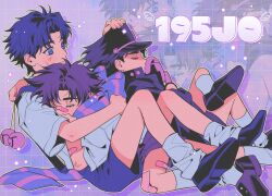 Rule 34 | aged down, black hair, blue eyes, blue hair, brown hair, family, grandfather and grandson, highres, jojo no kimyou na bouken, jonathan joestar, joseph joestar, joseph joestar (young), kuujou joutarou, male focus, multiple boys, phantom blood, rkznfksthsus, smile