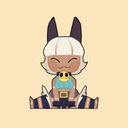 1girl :3 animated animated_gif barefoot belt_buckle belt_pouch bob_cut buckle cat_girl chibi closed_eyes collar dark-skinned_female dark_skin detached_leggings ms._fortune_(skullgirls) neck_bell pouch purplemageddom scar sitting skullgirls smile solo white_hair yellow_background