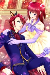 1boy 1girl animal_ears beauty_and_the_beast blue_eyes bow brother_and_sister cosplay dress fang formal_clothes gloves hair_bobbles hair_ornament horns open_mouth prince_adam prince_adam_(cosplay) red_hair siblings smile sparkle suit tears twintails two_side_up umineko_no_naku_koro_ni ushiromiya_ange ushiromiya_battler white_gloves yuumare
