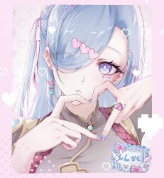 1girl absurdres arano_(waikuni11) blue_hair border earrings finger_heart genshin_impact hair_over_one_eye heart highres jewelry long_hair multicolored_eyes nail_polish pink_border pixel_heart ring shenhe_(genshin_impact) solo translation_request two-tone_eyes upper_body