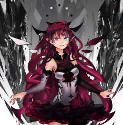 1girl absurdres advarcher blue_eyes closed_mouth double_halo dress frilled_skirt frills halo heterochromia highres hololive hololive_english irys_(hololive) irys_(irys_1.0)_(hololive) looking_at_viewer pink_eyes pointy_ears purple_hair red_hair red_skirt skirt smile solo star_halo virtual_youtuber white_dress wings