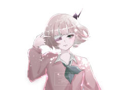 Rule 34 | 1girl, absurdres, awanagiee, bandaged head, bandages, black horns, blonde hair, blunt bangs, cellphone, collared shirt, crying, crying with eyes open, eyepatch, finger gun, finger gun to head, green eyes, green neckerchief, highres, horns, long sleeves, neckerchief, phone, phone eyepatch, pink sweater, puffy sleeves, ruru (shinsei kamattechan), sad, shinsei kamattechan, shirt, short hair, single horn, streaming tears, sweater, tears, white background, white shirt