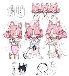1boy 4girls animal_ears bare_arms bikini black_hair blue_archive cat_ears cat_girl cat_tail chlorella_observation_club_member_(blue_archive) chlorella_observation_club_member_(swimsuit)_(blue_archive) commentary_request covered_navel doodle_sensei_(blue_archive) double_v extra_ears flat_chest halo hands_up heart highres kikyou_(blue_archive) kikyou_(swimsuit)_(blue_archive) loli multiple_girls navel one-piece_swimsuit ookii_tsukemono open_mouth parted_bangs pink_hair pink_halo pink_one-piece_swimsuit sensei_(blue_archive) shirt short_hair skirt smile speech_bubble striped_bikini striped_clothes swimsuit tail thumbs_up translation_request v w white_shirt white_skirt