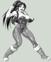 boots breakers breasts headband highres jacket large_breasts leotard long_hair monochrome pantyhose ponytail simple_background skin_tight sleeveless sleeveless_jacket tia_langray
