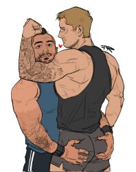 Rule 34 | 2boys, arm hair, arm tattoo, arm up, armband, bare shoulders, beard, black shorts, black tank top, blonde hair, blue shirt, brown eyes, call of duty, call of duty: modern warfare 2, commentary, english commentary, facial hair, facial scar, flexing, ghost (modern warfare 2), hands on another&#039;s ass, head rest, heart, highres, looking ahead, looking back, male focus, mohawk, multiple boys, multiple scars, muscular, muscular male, rustic (rusticfurnace), scar, scar on cheek, scar on face, scars all over, shirt, short hair, short sideburns, shorts, signature, simple background, soap (modern warfare 2), striped clothes, striped shorts, stubble, tank top, tattoo, tattoo sleeve, too many, vertical-striped clothes, vertical-striped shorts, white background, yaoi