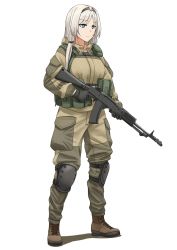 1girl alternate_costume an-94 an-94_(girls&#039;_frontline) assault_rifle blue_eyes female_focus girls&#039;_frontline gloves gun highres jpc knee_pads military military_uniform rifle silver_hair solo trigger_discipline weapon white_background