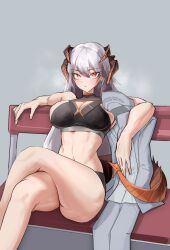 Rule 34 | 1girl, 1other, arknights, bench, breasts, brown horns, cassiri, cleavage, cleavage cutout, clothing cutout, commentary, crop top, crossed legs, doctor (arknights), earrings, english commentary, feet out of frame, grey hair, hair between eyes, highres, horns, jewelry, large breasts, long hair, midriff, navel, on bench, orange eyes, orange horns, saria (arknights), sitting, steaming body, tail, toned, toned female