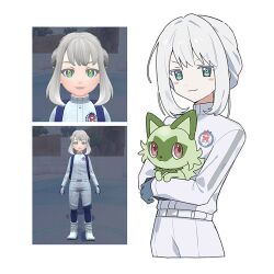 Rule 34 | 1girl, alternate color, alternate costume, alternate eye color, alternate hair color, alternate hairstyle, blush, boots, cat, closed mouth, gloves, green eyes, highres, holding, holding pokemon, juliana (pokemon), jumpsuit, long sleeves, nintendo, oromnt, pants, pantyhose, pokemon, pokemon (creature), pokemon sv, shirt, smile, sprigatito, white hair, white pants, white shirt