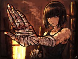 Rule 34 | 1girl, absurdres, akita (akitakipuromun), bandaged arm, bandages, bare shoulders, black hair, black tank top, blood, bloody bandages, bob cut, cigarette, collarbone, flat chest, highres, limbus company, liu association south uniform, project moon, red eyes, ryoshu (project moon), short hair, smoking, solo, sweat, tank top, very sweaty