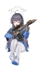 1girl =_= absurdres ahoge ammunition_pouch ar-15 arm_armor assault_rifle black_gloves black_hair blue_archive blue_serafuku blue_skirt blush bulletproof_vest clov3r ear_protection earphones flashlight flustered foregrip gloves grey_halo gun halo highres holding holding_gun holding_weapon knee_pads laser_sight long_hair magazine_(weapon) miyu_(blue_archive) on_floor open_mouth optical_sight pantyhose pleated_skirt pouch radio rifle school_uniform scope serafuku simple_background single_knee_pad sitting skirt solo weapon white_background white_pantyhose white_sneakers