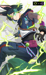 Rule 34 | 1boy, absurdres, alternate costume, animal ear fluff, animal ears, black gloves, black hair, black pants, black shirt, commentary request, dendro symbol (genshin impact), earrings, electro symbol (genshin impact), energy, fox ears, fox tail, gameplay mechanics, genshin impact, gloves, green eyes, green hair, green tail, hair between eyes, highres, jewelry, looking at viewer, male focus, mimoza (mmmimoza 5), multicolored hair, pants, shirt, short hair, short sleeves, solo, streaked hair, tail, teeth, tighnari (genshin impact), vision (genshin impact), zoom layer