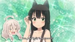 ahoge animal_ears animated anime_screenshot bandages black_hakama black_tank_top blush bow brown_eyes brown_hair chiya_(urara_meirochou) fang green_eyes green_kimono hair_bow hakama indoors japanese_clothes kimono legs magnifying_glass multiple_girls natsume_nono neck_ribbon orange_hair ponytail purple_hair red_eyes ribbon skin_fang sound subtitled tagme tank_top tatsumi_kon tickling twintails underwear undressing urara_meirochou video white_hair yukimi_koume