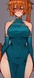 1girl aqua_dress bad_id bad_pixiv_id bare_hips bare_shoulders blush boku_no_hero_academia breasts china_dress chinese_clothes clothes_lift covered_navel cowboy_shot cum cum_in_mouth cumdrip dress dress_lift ear_blush grey_background halter_dress halterneck highres kendou_itsuka large_breasts long_hair looking_at_viewer narrow_waist no_bra no_panties nose_blush orange_hair ratatatat74 side_ponytail simple_background solo sweat thick_thighs thighs trembling wavy_mouth wide_hips