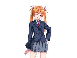 Rule 34 | 1girl, blazer, blush, buttons, closed eyes, cowboy shot, facing viewer, game cg, gentle sasaki, grey skirt, hair ribbon, hand on own hip, jacket, large variant set, long hair, long sleeves, necktie, non-web source, official art, open mouth, orange hair, pink ribbon, pleated skirt, red necktie, ribbon, school uniform, shindou hikari, skirt, solo, soukou senki prism reica, soukou senki prism shine, standing, transparent background, twintails, variant set