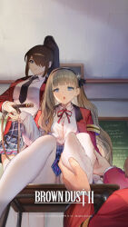 1boy 2girls black_hair blue_eyes brown_dust_(series) brown_dust_2 brown_hair desk feet glacia_(brown_dust) hair_over_one_eye highres long_hair looking_at_viewer multiple_girls official_art official_wallpaper open_mouth panties pantyhose pantyshot ponytail school_desk school_uniform soles toes underwear whip white_pantyhose