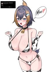 1girl absurdres animal_collar animal_print bell bikini black_hair blonde_hair blue_eyes breasts cameltoe collar cow_print cow_print_bikini cow_print_thighhighs cowbell cowboy_shot detached_sleeves dialogue_box fish_hair_ornament folded_ponytail hair_ornament half-closed_eyes hands_up highres huge_breasts looking_at_viewer multicolored_hair neck_bell nijisanji nijisanji_en open_mouth penguin_tail petra_gurin print_bikini print_thighhighs screenshot_inset seductive_smile short_hair side-tie_bikini_bottom simple_background smile solo speech_bubble streaked_hair swimsuit tail thighhighs twitter virtual_youtuber white_background xanadu_avici