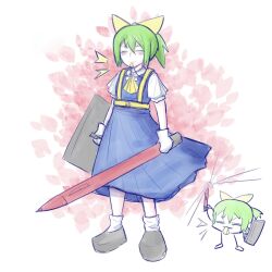 Rule 34 | 1girl, ascot, blue skirt, blue vest, blush, bow, closed eyes, closed mouth, collared shirt, colored skin, commentary, cookie (touhou), daiyousei, diyusi (cookie), freezemo, full body, gloves, green hair, hair bow, high-visibility clothing, high-visibility vest, highres, holding, holding shield, pink background, ponytail, puffy short sleeves, puffy sleeves, shield, shirt, short hair, short sleeves, skirt, skirt set, solo, standing, symbol-only commentary, touhou, traffic baton, vest, whistle, white gloves, white shirt, white skin, yellow ascot, yellow bow