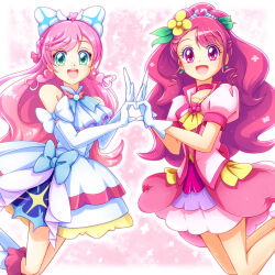 2girls ascot asymmetrical_bangs blue_bow boots bow braid brooch choker commentary cure_grace cure_prism detached_sleeves dress dress_bow earrings elbow_gloves floating flower gloves green_eyes hair_bow hair_flower hair_ornament hanadera_nodoka healin&#039;_good_precure heart heart_hands highres hirogaru_sky!_precure in-franchise_crossover jacket jewelry kakuma_ai knee_boots layered_dress leaf_earrings legs_up light_particles long_hair magical_girl mimimix multiple_girls nijigaoka_mashiro pink_choker pink_dress pink_eyes pink_hair pink_jacket precure puffy_detached_sleeves puffy_sleeves short_dress side_braids single_earring sleeveless sleeveless_dress symmetrical_hand_pose tiara voice_actor_connection white_ascot white_bow white_dress white_footwear white_gloves wing_brooch yellow_flower
