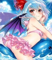 1girl bare_shoulders bat_wings bikini black_wings blue_hair blush breasts chacham hair_ribbon looking_at_viewer pink_bikini red_eyes red_ribbon remilia_scarlet ribbon short_hair small_breasts solo swimsuit touhou wings