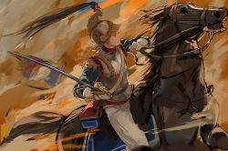 1boy absurdres armor axis_powers_hetalia blonde_hair blue_jacket bow breastplate cubed_(houkuaid) cuirass epaulettes facial_hair france_(hetalia) french_army french_flag gloves goatee_stubble hair_bow helmet high_collar highres holding holding_reins holding_sword holding_weapon horse horseback_riding jacket knight low_ponytail male_focus medium_hair military military_jacket military_uniform pants plume ponytail profile purple_eyes reins riding saddle sash short_ponytail stubble sword weapon white_gloves white_pants white_sash