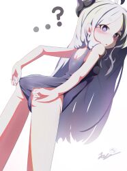 1girl ? ahoge arupakkadesu_pixv ass back blue_archive blush breasts cameltoe demon_girl demon_horns highres hina_(blue_archive) horns loli long_hair looking_at_viewer old_school_swimsuit purple_eyes school_swimsuit simple_background small_breasts solo standing swimsuit white_background white_hair