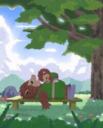 bench blue_shoes blue_sky brown_fur child cloud commentary_request dragon_quest flower grass green_tunic grey_sky highres lying monster on_back on_bench open_mouth orc_(dragon_quest) outdoors parent_and_child pellrunks pig_snout profile sharp_teeth shoes sky sleeping sleeping_on_person teeth tree tulip tunic