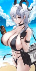 1girl absurdres alternate_costume arm_strap bag bikini black_bikini black_choker black_eyes black_gloves black_horns black_tail blue_sky breasts can choker collarbone commentary cowboy_shot curled_horns day demon_tail drink_can duplicate gloves grey_hair hair_between_eyes highleg highleg_bikini highres holding holding_can horns huge_breasts kook long_hair looking_at_viewer navel outdoors parted_lips red_eyes shoulder_bag sky solo stomach swimsuit tail thighs wuthering_waves zani_(wuthering_waves)