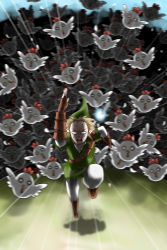 1boy bird blonde_hair blue_eyes chicken cucco gameplay_mechanics hat highres link navi nintendo pointy_ears running the_legend_of_zelda the_legend_of_zelda:_ocarina_of_time wasabi_(legemd) you_gonna_get_raped