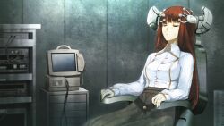 :o belt black_pantyhose brown_skirt closed_eyes collared_shirt game_cg headgear high-waist_skirt high_heels highres huke impossible_clothes indoors long_hair long_sleeves official_art pantyhose red_hair shiina_kagari shirt sitting skirt steins;gate steins;gate_0 white_shirt yellow_trim