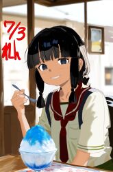 1girl alternate_costume artist_name black_eyes black_hair blunt_bangs braid commentary_request dated food grin highres kantai_collection kitakami_(kancolle) long_hair neckerchief red_neckerchief red_sailor_collar ren_(pawer1945) sailor_collar school_uniform serafuku shaved_ice shirt sidelocks single_braid smile solo spoon upper_body white_shirt
