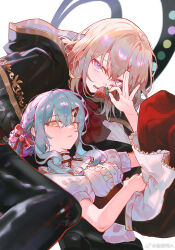 2girls akuroya apron ascot aver_(yumenokessho) bang_dream! bang_dream!_it&#039;s_mygo!!!!! black_boots black_capelet blonde_hair blue_hair blue_outline boots bow capelet center_frills closed_mouth commentary crescent crescent_facial_mark doloris_(bang_dream!) dress facial_mark food food-themed_hair_ornament frilled_apron frills fruit gold_trim hair_between_eyes hair_bow hair_bun hair_ornament hairclip hand_on_own_hip hand_up highres holding holding_food holding_fruit hood hood_down hooded_capelet leaning_on_person long_sidelocks looking_at_viewer lower_teeth_only lying_on_person medium_hair misumi_uika multiple_girls neck_ribbon official_alternate_costume official_alternate_hair_length official_alternate_hairstyle ok_sign open_mouth outline puffy_short_sleeves puffy_sleeves purple_eyes red_ascot red_dress red_outline red_ribbon ribbon shirt short_sleeves sidelocks strawberry strawberry_hair_ornament sweets_paradise teeth togawa_sakiko two-tone_dress watermark weibo_watermark white_apron white_background white_dress white_shirt yumenokessho