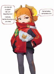1girl annie_(league_of_legends) annoyed black_hoodie dot_nose english_text eyelashes fang feet_out_of_frame female_focus green_eyes grey_pantyhose hands_in_pockets henz_(ketchupp) hood hood_down hoodie horns league_of_legends loli looking_at_viewer lunar_beast_annie multicolored_hair official_alternate_costume open_mouth orange_hair pantyhose pov red_hair red_hoodie simple_background solo speech_bubble standing streaked_hair two-tone_hair two-tone_hoodie white_background