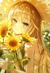 1girl absurdres bare_arms bare_shoulders blunt_bangs blurry brown_hair depth_of_field flower from_side hashtag-only_commentary hat highres huion lens_flare long_hair looking_at_viewer myowa original parted_lips sleeveless solo sun_hat sunflower upper_body yellow_eyes yellow_flower yellow_theme