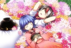 2girls black_hair bow bowl closed_eyes cone_horns dress field flower flower_field grey_horns hat horns japanese_clothes kijin_seija kimono multicolored_hair multiple_girls obi open_mouth purple_hair red_hair sash satou_yuuki short_hair sleeping streaked_hair sukuna_shinmyoumaru touhou unworn_hat unworn_headwear white_hair